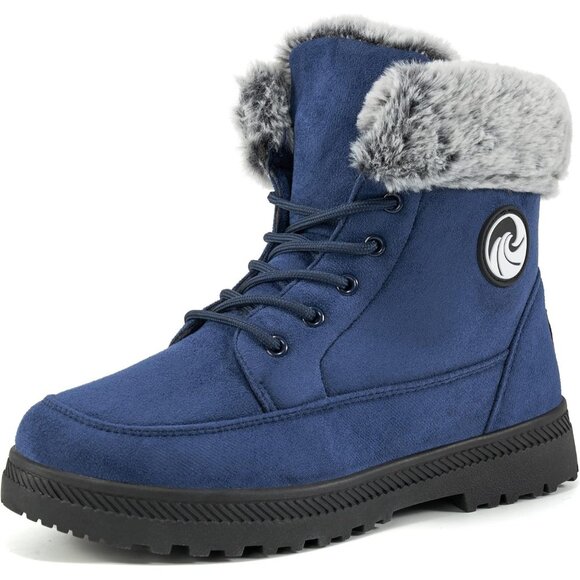 Women’s Blue Warm Fur Lined Ankle Booties Lace Up Slip-On Outdoor Boots - Picture 5 of 5